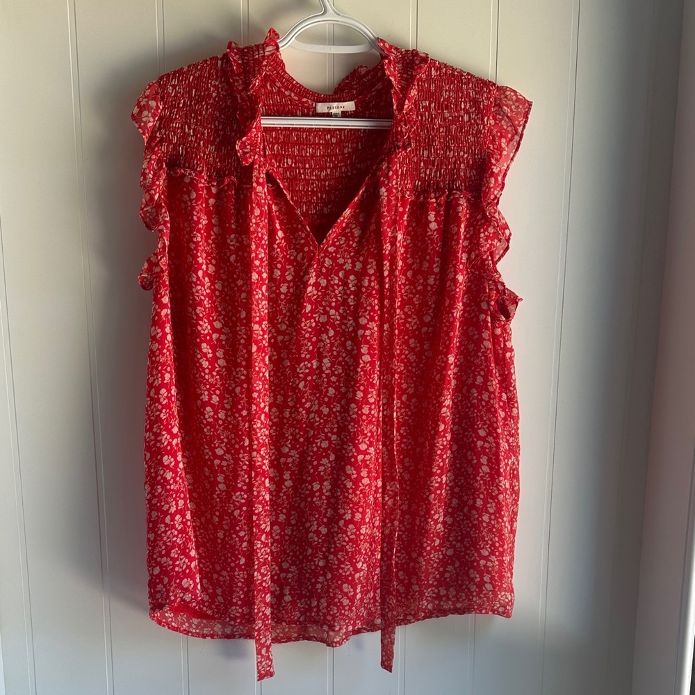 Pleione Red Floral Ruffle Sleeveless Blouse